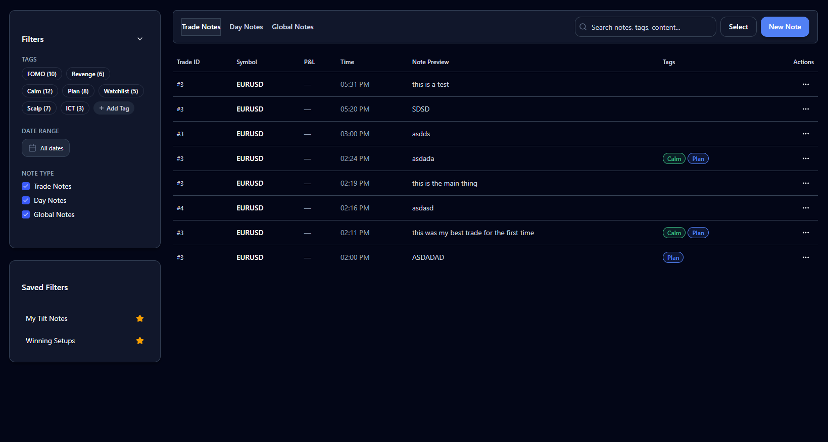 Trade Journal Interface